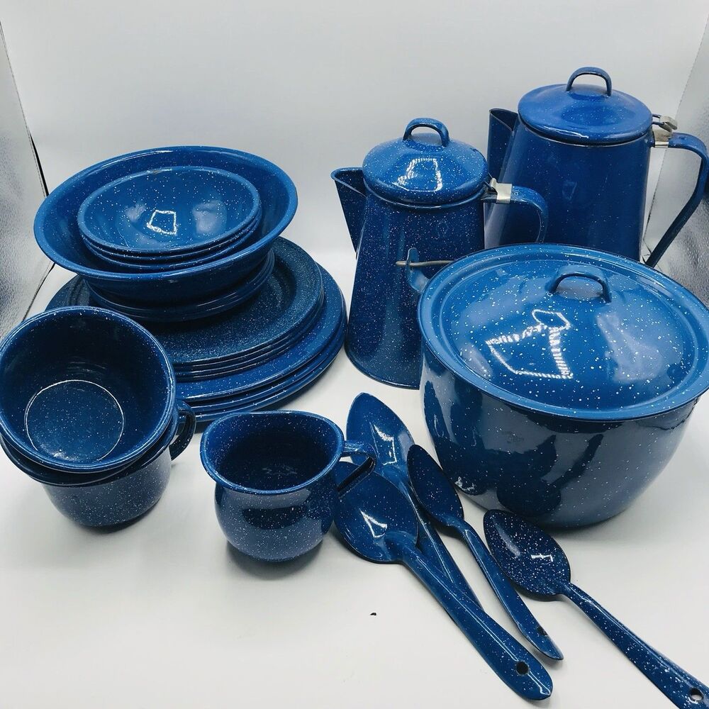 VTG Lot of Blue Enamelware Spatter Speckled Camping Graniteware Outdoor 26 Piece